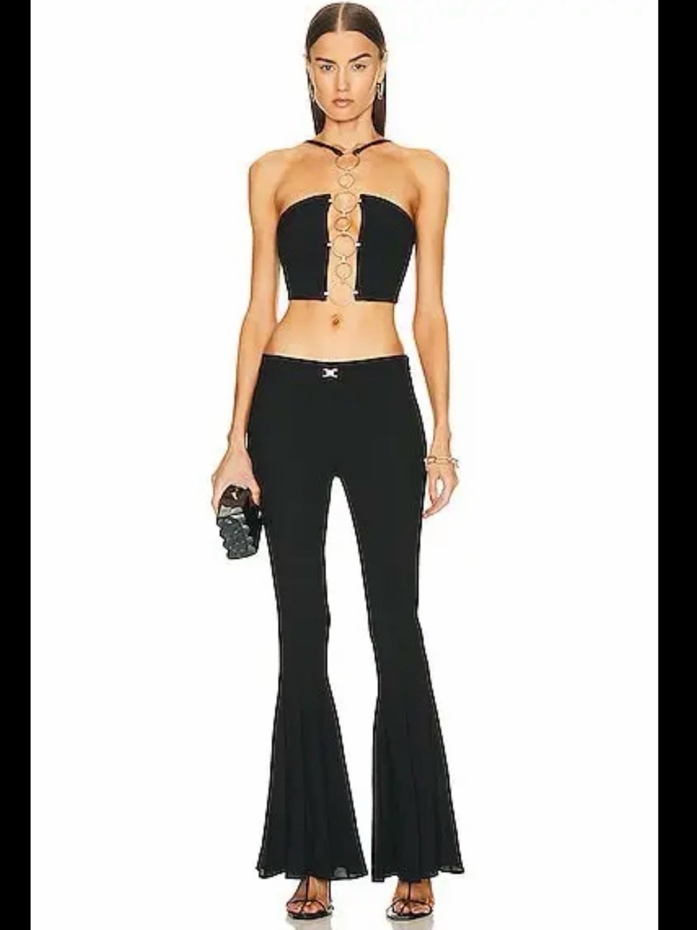 Iconic cult gaia black Crop Top with Gold Ring Front Detail